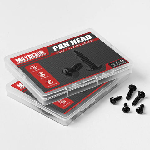 Top Tier Heavy Duty Size 6 X 3/4 Inch Pan Head Phillips Drive Sheet Metal Screws 100 Pack Black Oxide 304 Stainless Steel in packaging.