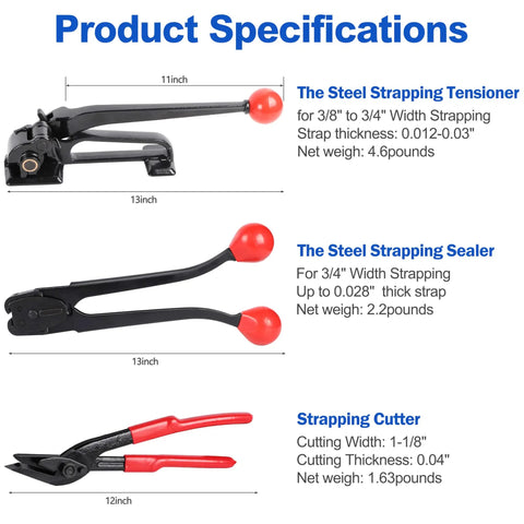 Pro Grade 3 In 1 Steel Banding Strapping Kit With Rock Solid Tensioner And No Fuss Metal Sealer Crimper - Product specifications shown.