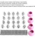 Heavy Duty 44 Piece Welding Torch Nozzle And Collet Guard Cap Replacement Kit With Premium Ceramic Steel Construction For Plasma Cutter AG60 SG55 Upgrades, featuring silver nozzles and pink caps.