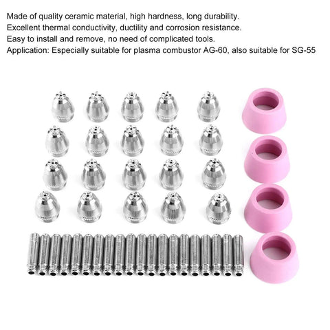 Heavy Duty 44 Piece Welding Torch Nozzle And Collet Guard Cap Replacement Kit With Premium Ceramic Steel Construction For Plasma Cutter AG60 SG55 Upgrades, featuring silver nozzles and pink caps.