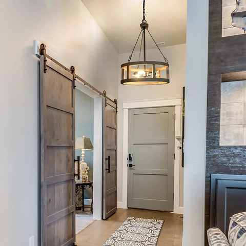 Farmhouse Wood Drum Chandelier For Dining Room And Kitchen Island Handcrafted Birch Light Fixture For Foyer