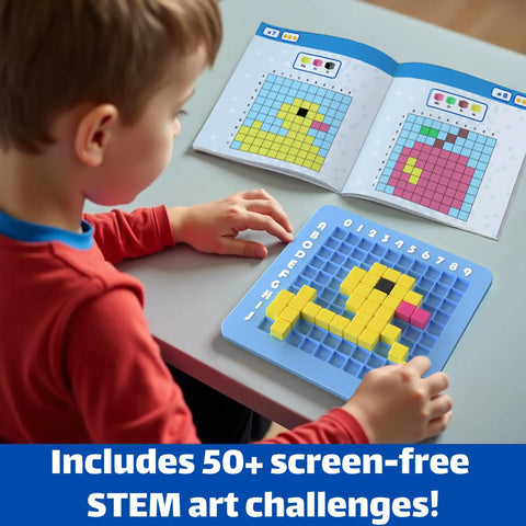 Child using Pixel Art Kit For Kids Creative STEM Toy With Arts And Crafts Fun Kid Friendly Educational Science Activities For Boys And Girls Great Gift For Ages 5 To 12 Includes Four Challenges And Fifty Patterns Brain Teaser Style