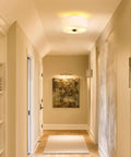 Two Light Flush Mount Ceiling Light Fixture With White Fabric Drum Shade 12 Inch Sleek Modern Round Ceiling Light in hallway