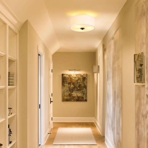 Two Light Flush Mount Ceiling Light Fixture With White Fabric Drum Shade 12 Inch Sleek Modern Round Ceiling Light in hallway