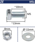 Easy Peasy M5 Steel Hardware Bundle With 25 Ten Millimeter Hex Bolts 50 Wide Washers And 25 Secure Nuts close-up of M5 hex bolt, nut, and flat washer size details.