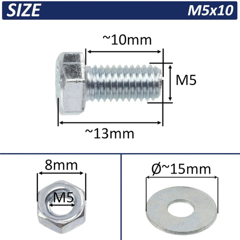 Easy Peasy M5 Steel Hardware Bundle With 25 Ten Millimeter Hex Bolts 50 Wide Washers And 25 Secure Nuts close-up of M5 hex bolt, nut, and flat washer size details.