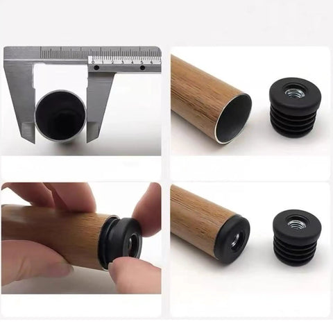 Six Pack Round Tube Plugs With M8 Thread Black Plastic Furniture Leg End Caps 30mm Diameter installation on wooden leg.