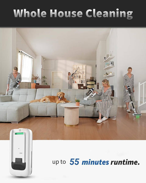 Women cleaning a living room with a Cordless Vacuum Cleaner With 55 Minutes Runtime 15 In 1 Self Standing Stick Vacuum.