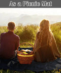 Two people sitting on Waterproof Tent Footprint Ground Cloth Tarp 87 By 59 Inches Ultralight Floor Mat with picnic basket