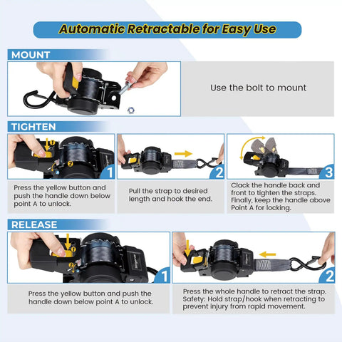 Step-by-step guide for using One Inch By Five Foot Bolt On Auto Retractable Ratchet Tie Down Strap with quick release.