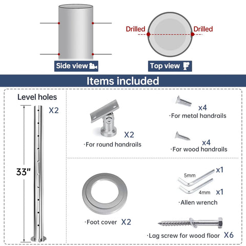Diagram showing items included with 2 Pack Round Cable Railing Posts 36 Inch High 2.36 Inch Diameter Heavy Duty Brushed Stainless Steel.