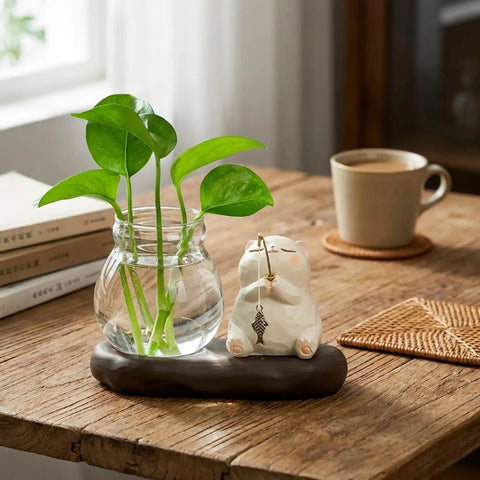Dope Glass Propagation Station With Wood Display Vases For Water Rooting on wooden table, Nordic style desk planter