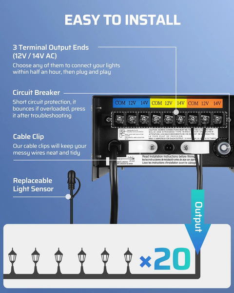 Back view of Outdoor Low Voltage Landscape Transformer 200W showing terminal outputs and cable clips for easy installation