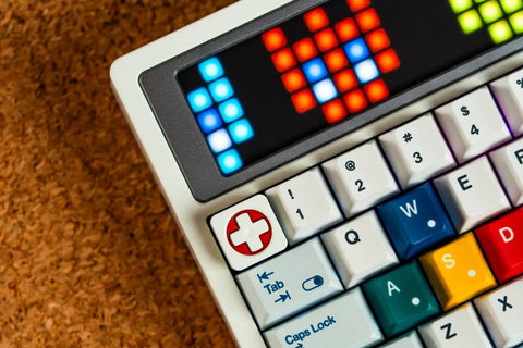 Close-up of keys and custom LED display on the Slick 65 Percent Wireless Mechanical Keyboard In Cloud White Color.