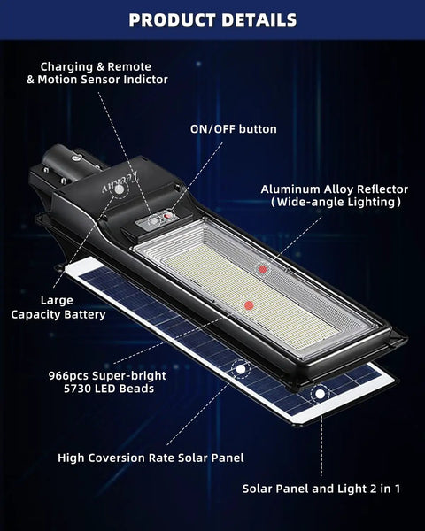 1500W Solar Street Light Outdoor Waterproof Dusk To Dawn Motion Sensor Flood Lights IP67 with LED details and battery