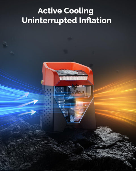 Zephyr S5 Cordless Tire Inflator With Led Light Ultra Fast 160 PSI Portable Air Compressor showing active cooling