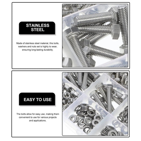 375-Piece Pro Grade 304 Stainless Steel Hex Bolts Nuts and Flat Washers Assortment Kit with Metric Threads for industrial projects
