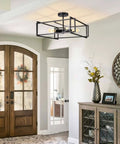 4 Light Black Semi Flush Mount Ceiling Light Fixture With Industrial Farmhouse Vibe in entryway with wood accents