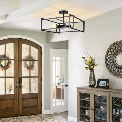 4 Light Black Semi Flush Mount Ceiling Light Fixture With Industrial Farmhouse Vibe in entryway with wood accents
