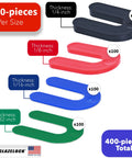 Glazelock plastic horseshoe shims; 400-piece set, 100 each size, in four thicknesses for leveling tiles, doors.