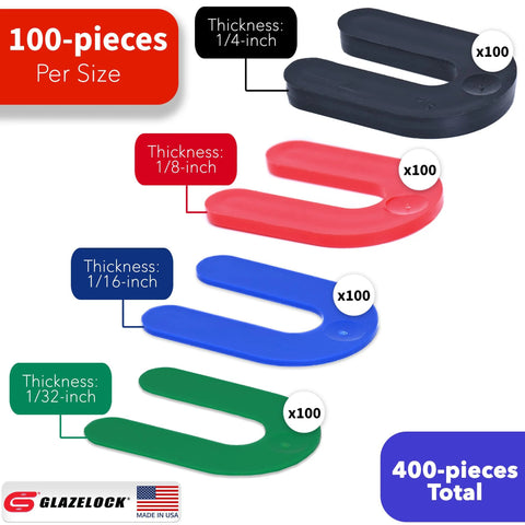 Glazelock plastic horseshoe shims; 400-piece set, 100 each size, in four thicknesses for leveling tiles, doors.