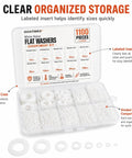 Slick Metric Nylon Washer Assortment Kit White Flat Discs M2 Through M12 in clear organized case showing sizes and quantities.