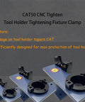 Universal CAT50 Tool Holder For CNC Milling With Horizontal And Vertical Clamping Quick Locking Fixture Pro Grade Durable Aluminum Body Dual Purpose Tool Holder And Fixture For Precise Milling Operations, angled view