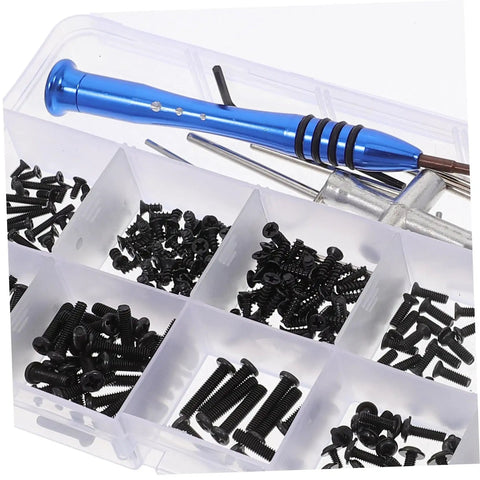 Pro Grade All In One RC Car Repair Tool Set With Assorted Screws Bolts Nuts And Fasteners Kit in storage case with blue handle tool