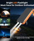 Solar Power Bank 20000mAh with built-in cables and LED flashlight modes illustration for outdoor use.