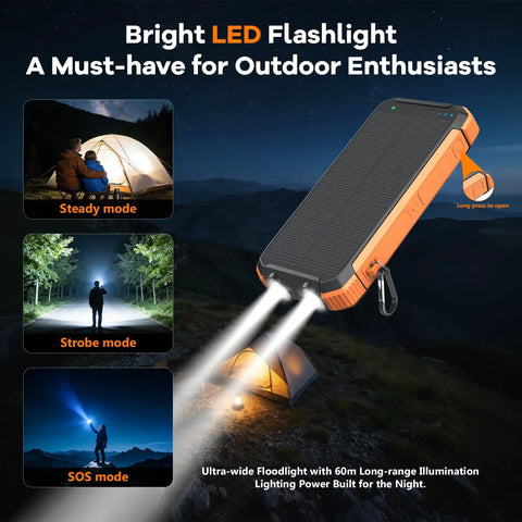 Solar Power Bank 20000mAh with built-in cables and LED flashlight modes illustration for outdoor use.