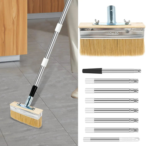 All In One Deck Stain Brush Kit With 67 Inch Extendable Handle, 8 Section Adjustable Pole on floor showing bristle