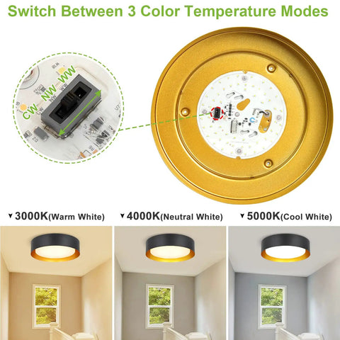 Eighteen Watt Flush Mount LED Ceiling Light, Dimmable Round 13 Inch Fixture, 3000K 4000K 5000K, Black Exterior Gold Interior