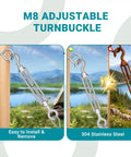 M8 Hook And Eye Turnbuckle Set In 304 Stainless Steel Built Tough Beefy Ten Pack displayed with rust-resistant feature.