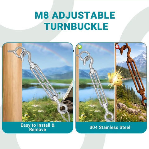 M8 Hook And Eye Turnbuckle Set In 304 Stainless Steel Built Tough Beefy Ten Pack displayed with rust-resistant feature.