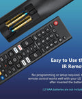 Universal Replacement Remote For Smart TVs Compatible With OLED And QNED Mini LED Series Including UP70 UP75 UP76 UP80 UP87 Pack Of 2 No Fuss Setup No Programming Required Durable Build, showing buttons and battery compartment open.