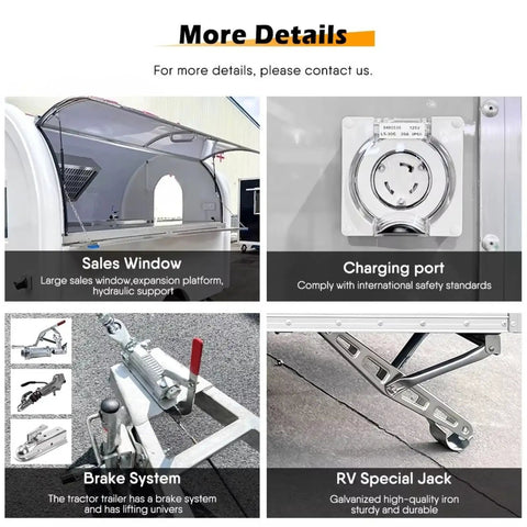Hustle Ready Mobile Catering Trailer With Full Cooking Line And Spacious Serve Window Built For Wedding Receptions Corporate Functions And Bustling Street Markets close-up of sales window, charging port, and brake system components