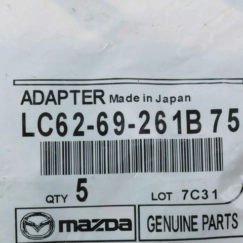 Mazda Gray Sun Visor Adapter Clip OEM LC6269261B75 product packaging with barcode and Mazda logo, Genuine Parts label