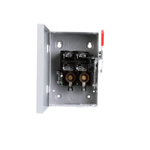 30 Amp 2 Pole 240 Volt Plug Fused Indoor General Duty Safety Switch open view with internal components visible