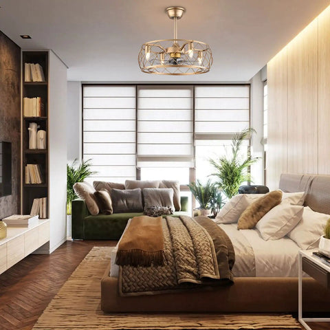 Bedroom with Dope Industrial 20 Inch Ceiling Fan With Light And Remote, Gold Cage Fixture, Modern Farmhouse Style