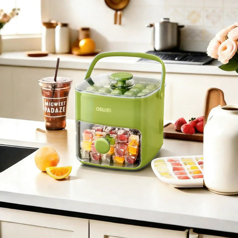 Compact Ice Cube Tray With Lid And Bin For Freezer, Mini Press Type Ice Maker, Space Saving Small Ice Bucket With Tongs For RV Office And Travel, BPA Free Green on kitchen counter