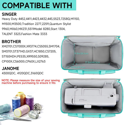 Rolling Sewing Machine Case With Wheels And Trolley Handle, open view showing padded interior measurements.