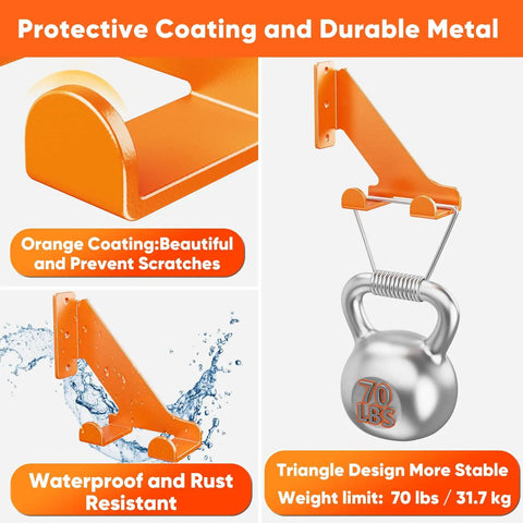 Heavy Duty Chainsaw Hanger Wall Mount 2 Pack Holds Up To 70 Lbs Beefy Metal Chainsaw Holder with hook storage and protective orange coating