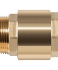 Brass one-way check valve, 1-1/4 in NPT male inlet and 1-1/4 in FNPT outlet, side view