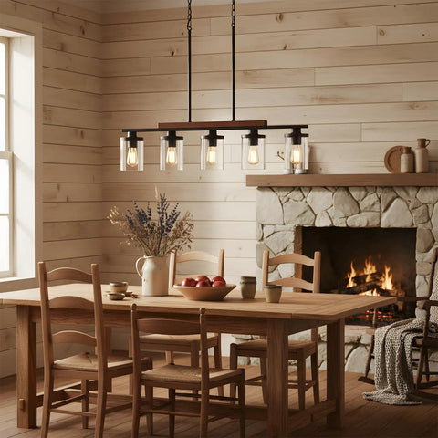 Modern Farmhouse 5 Light Linear Chandelier for Kitchen Island and Dining Room with Adjustable Rustic Pendant Light