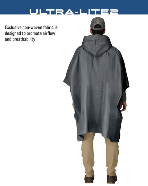 Back view Ultra Lite 2 Reusable Waterproof Breathable Poncho For Rain Gear That Actually Works on model in beige pants