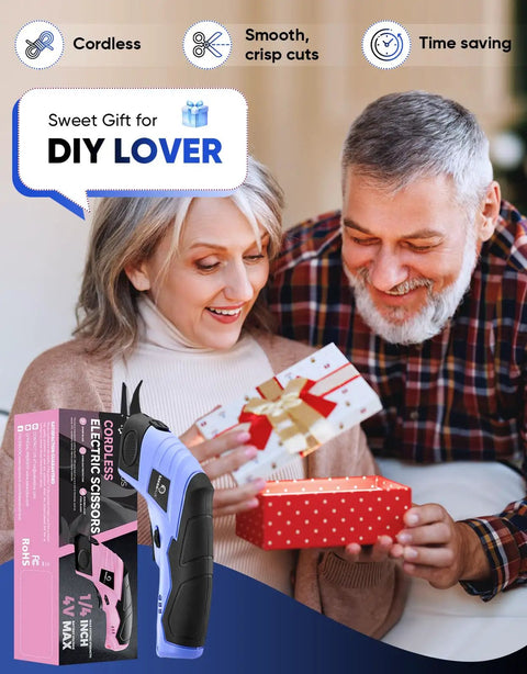 Rechargeable Cordless Electric Fabric Scissors And Cardboard Cutter With Tungsten Steel Blade, shown in use as a gift for DIY lovers.