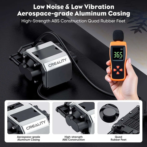 Creality air assist for laser cutter with aluminum housing and ABS build; handheld controller and rubber feet