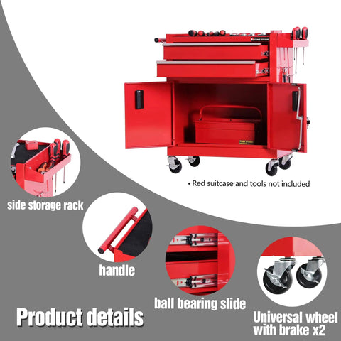 Heavy Duty Steel Tool Cart On Wheels, Red Rolling Tool Chest With Lockable Double-Door Cabinet And Two Drawers, Anti-Slip Rubber Top Mat