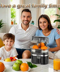 Family enjoying together with Top Rated Electric Citrus Juicer Machine With Powerful 100W Motor Making Fresh Orange And Lemon Juice Quick Cold Press Extractor For Home Kitchen Daily Smoothies And Cocktails Easy Clean Design.