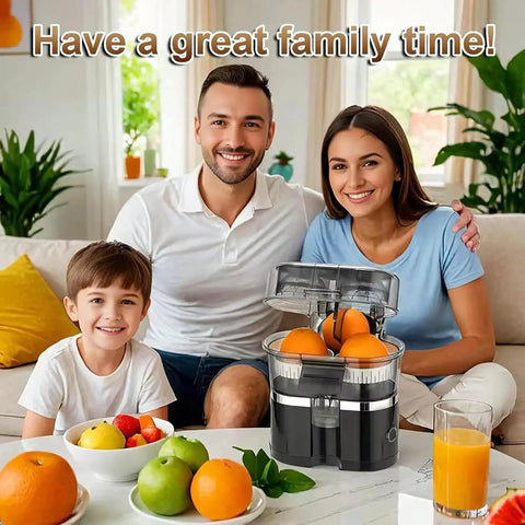 Family enjoying together with Top Rated Electric Citrus Juicer Machine With Powerful 100W Motor Making Fresh Orange And Lemon Juice Quick Cold Press Extractor For Home Kitchen Daily Smoothies And Cocktails Easy Clean Design.